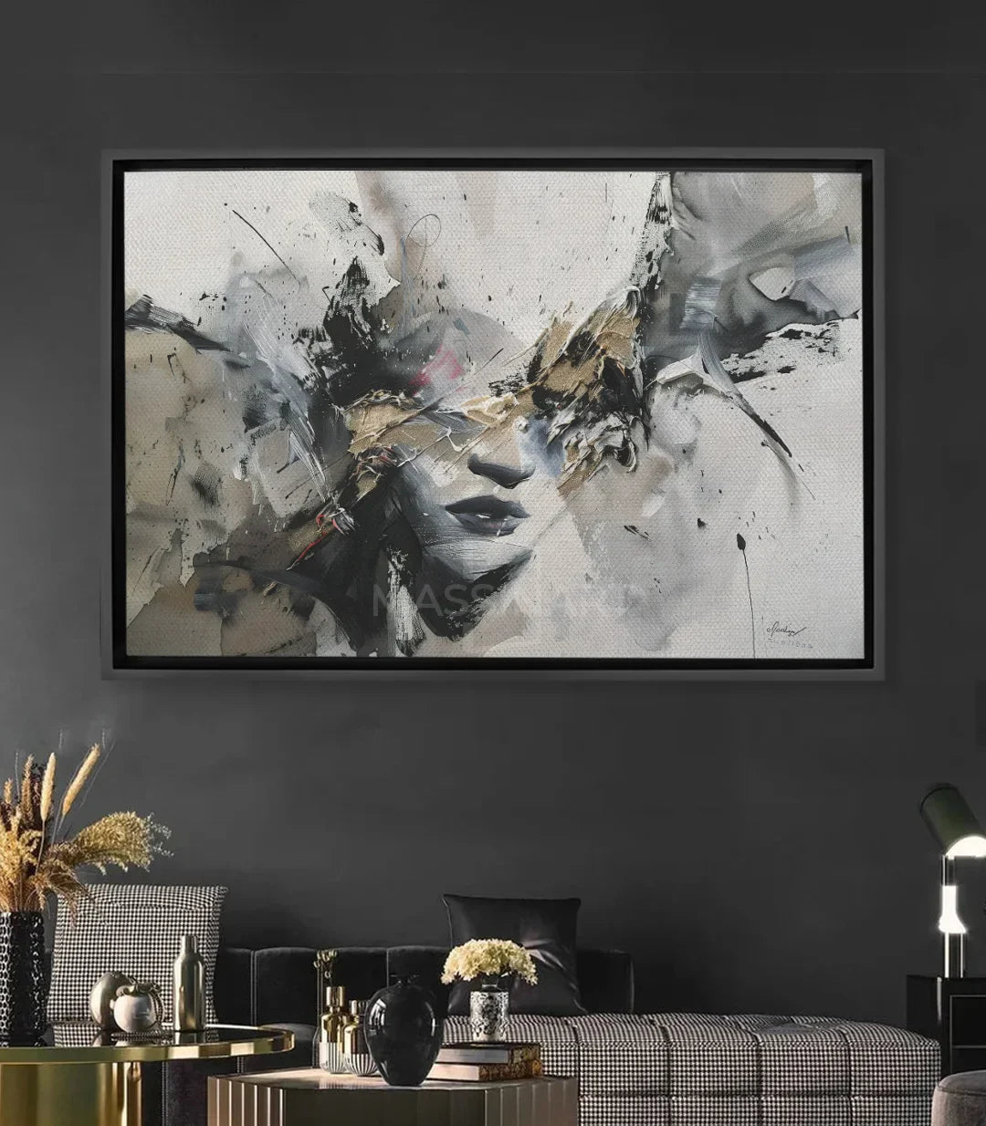 Cuadro retrato abstracto de mujer fragmentado en tonos gris, blanco y dorado — Massinart