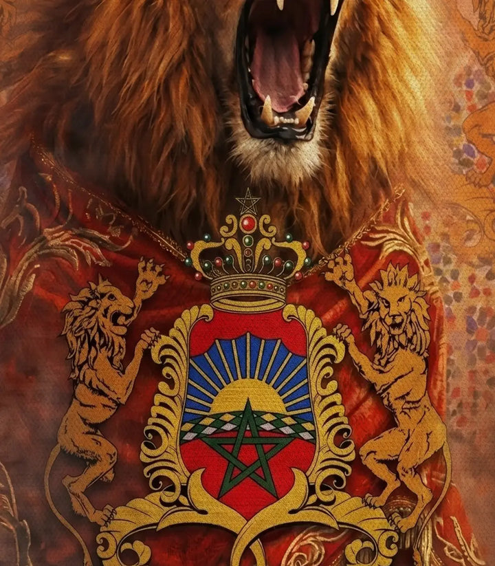 Cuadro Royal Lion enmarcado en madera maciza, vista completa para decoración de pared