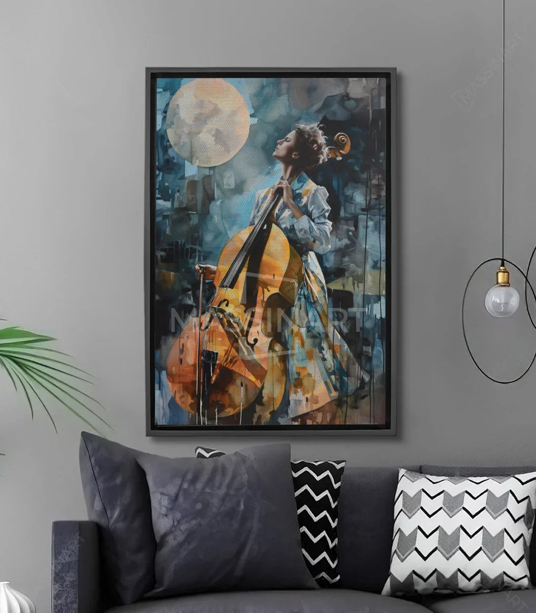 Cuadro Melody — músico tocando el violonchelo bajo la luna, tonos azul noche y azul glaciar, arte figurativo contemporáneo