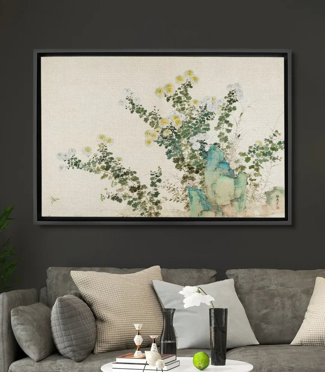 Cuadro Flourish Massinart — flores silvestres y plantas sobre fondo beige con elementos turquesa, estilo minimalista