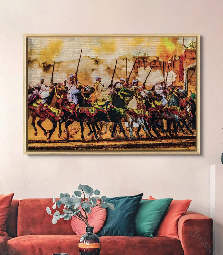 Cuadro Tbourida Massinart — decoración estilo kasbah con jinetes y caballos