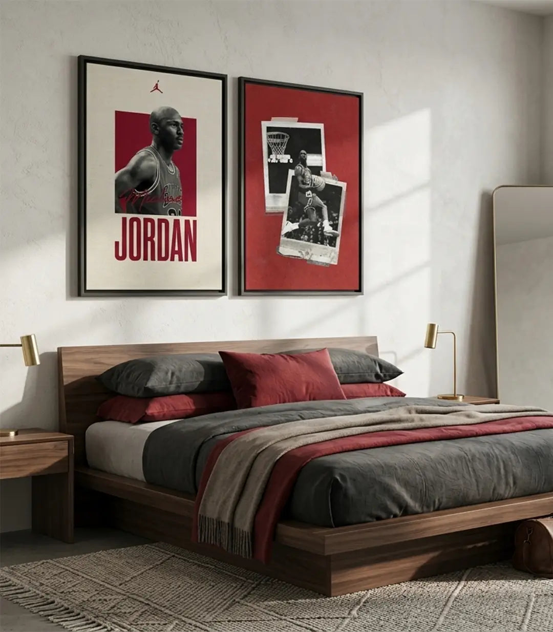 Díptico de baloncesto Jordan en salón moderno sobre consola de madera, decoración contemporánea
