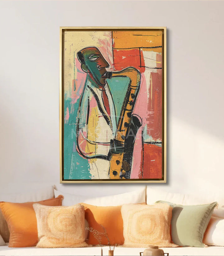 Cuadro Jazz Vibes en salón moderno Massinart — decoración mural de música sobre sofá
