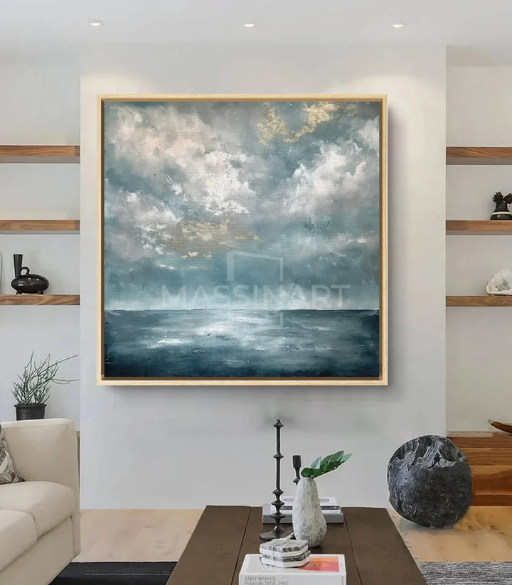 Decoración interior contemporánea, cuadro horizonte tranquilo sobre pared blanca Massinart