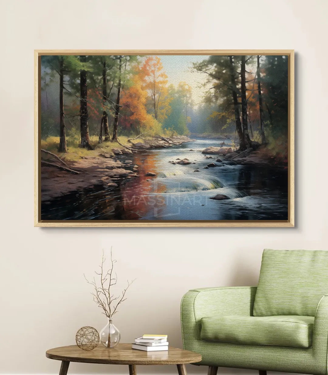 Cuadro Riverside con marco negro en salón — paisaje otoñal decorativo