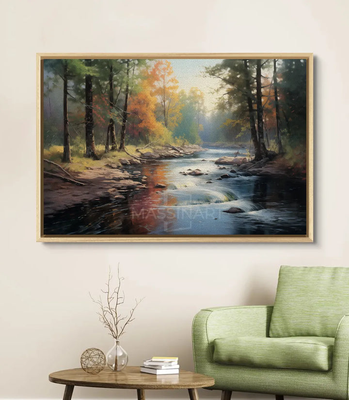 Cuadro Riverside con marco negro en salón — paisaje otoñal decorativo