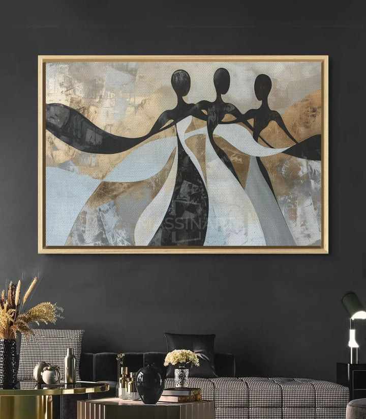 Decoración pared gris con cuadro de arte contemporáneo figuras en movimiento Massinart