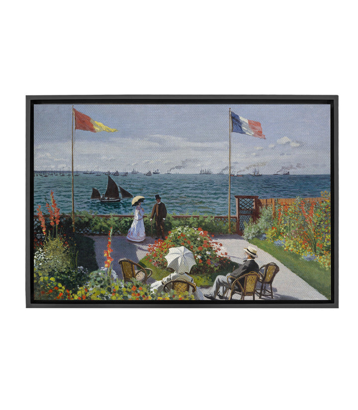 Cuadro Jardín en Sainte-Adresse de Monet — terraza florida con banderas y horizonte marino, estilo impresionista
