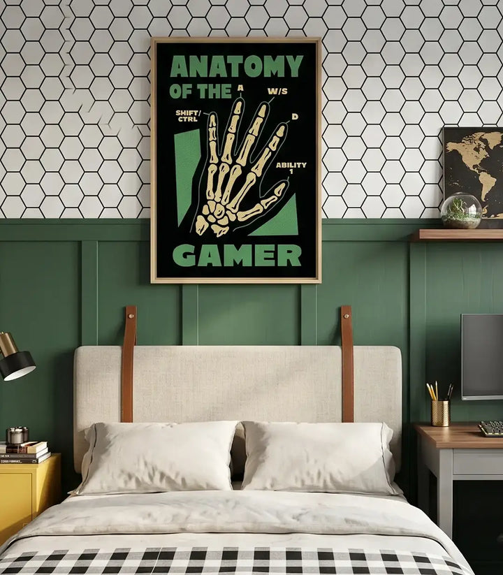 Cuadro decorativo gaming Skeletal Input, lámina anatómica de la mano de un jugador de videojuegos con teclas de control, estilo gráfico moderno