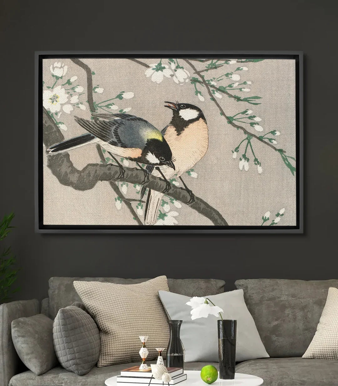 Cuadro pájaros en rama con flores blancas Massinart — ilustración naturaleza estilo zen