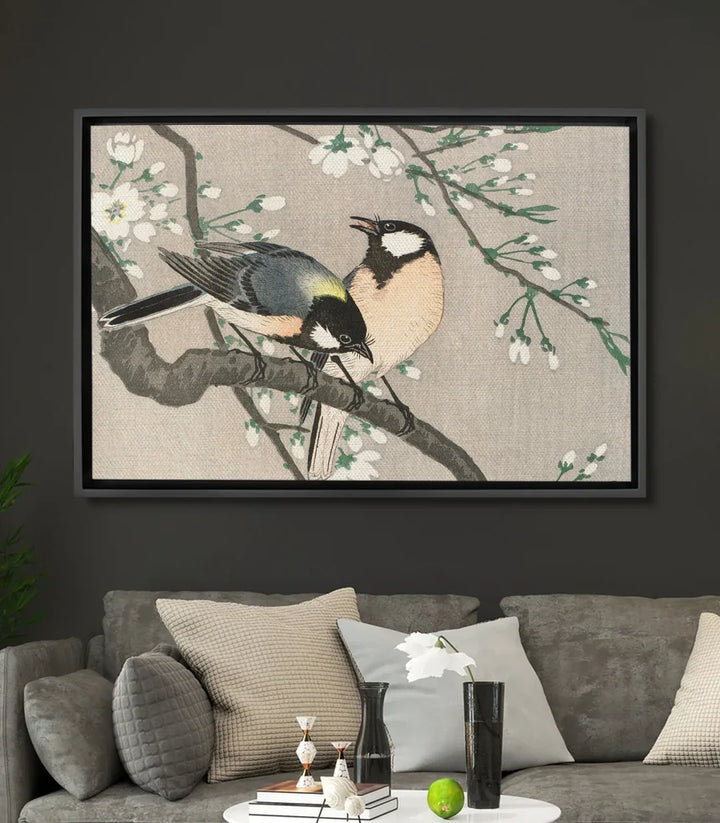 Cuadro pájaros en rama con flores blancas Massinart — ilustración naturaleza estilo zen