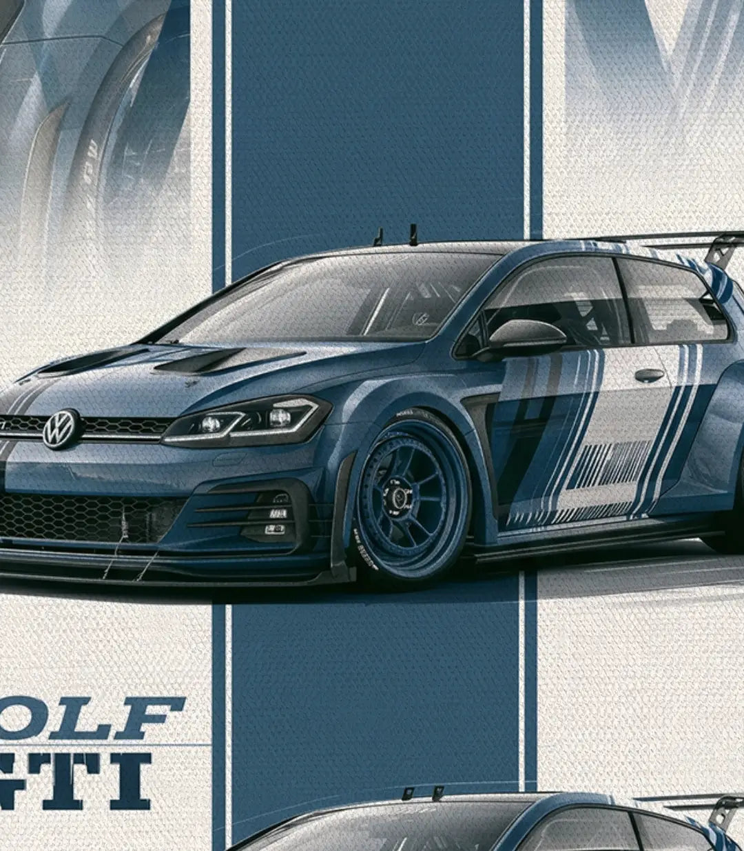 Vista lateral del bastidor del cuadro Golf GTI, lienzo canvas 80% algodón fabricado en Alemania