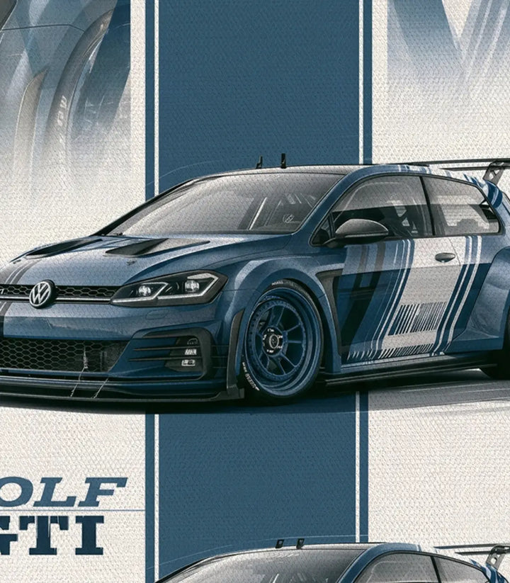 Vista lateral del bastidor del cuadro Golf GTI, lienzo canvas 80% algodón fabricado en Alemania