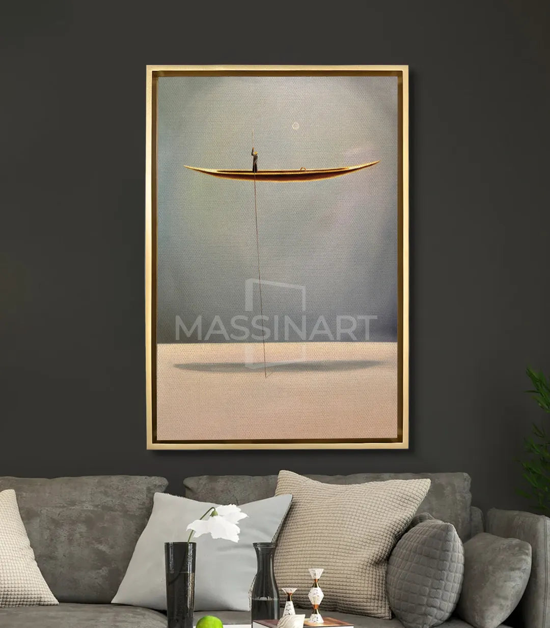Cuadro Floating Boat en salón moderno sobre sofá — decoración mural contemporánea Massinart