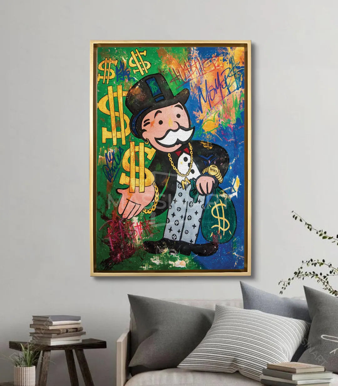 Ambiente salón moderno con cuadro Hustler Massinart — decoración mural motivadora