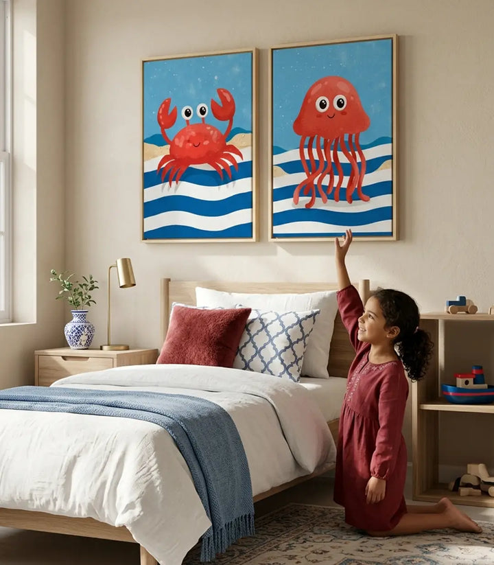 Ambientación habitación infantil — cuadro decorativo Sea Pals díptico marino en pared, Massinart