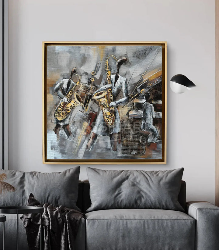 Cuadro Jazz Saxofón en un salón moderno de decoración en gris — Massinart