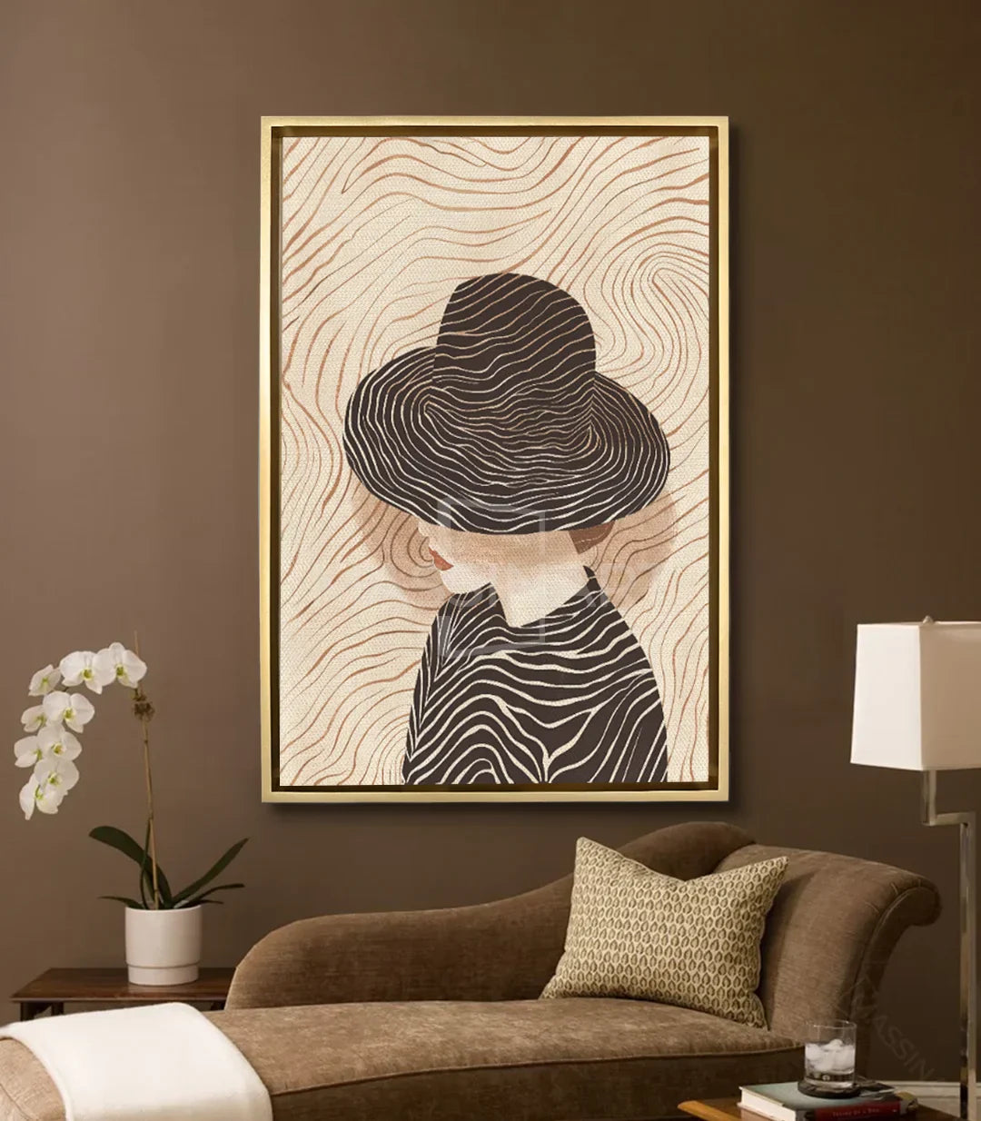 Cuadro Secrets en un salón moderno — decoración mural minimalista en tonos beige, blanco y negro