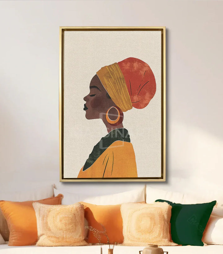 Cuadro retrato mujer africana en salón moderno, colocado sobre sofá — Massinart