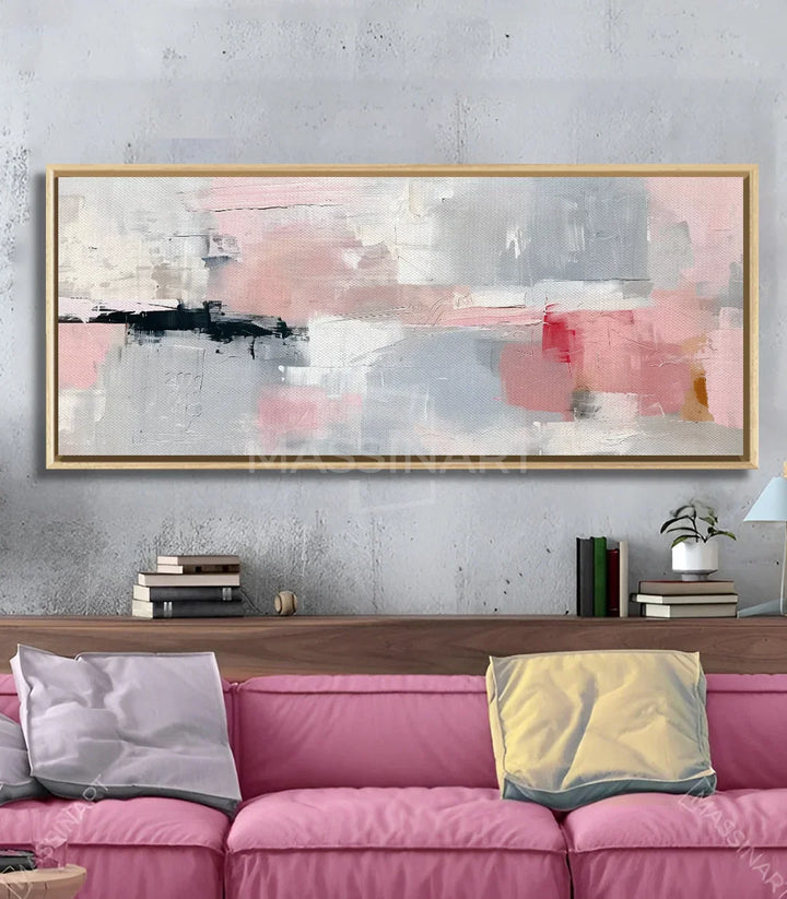 Cuadro abstracto Rosa sobre cabecera de cama en dormitorio con decoración interior — Massinart
