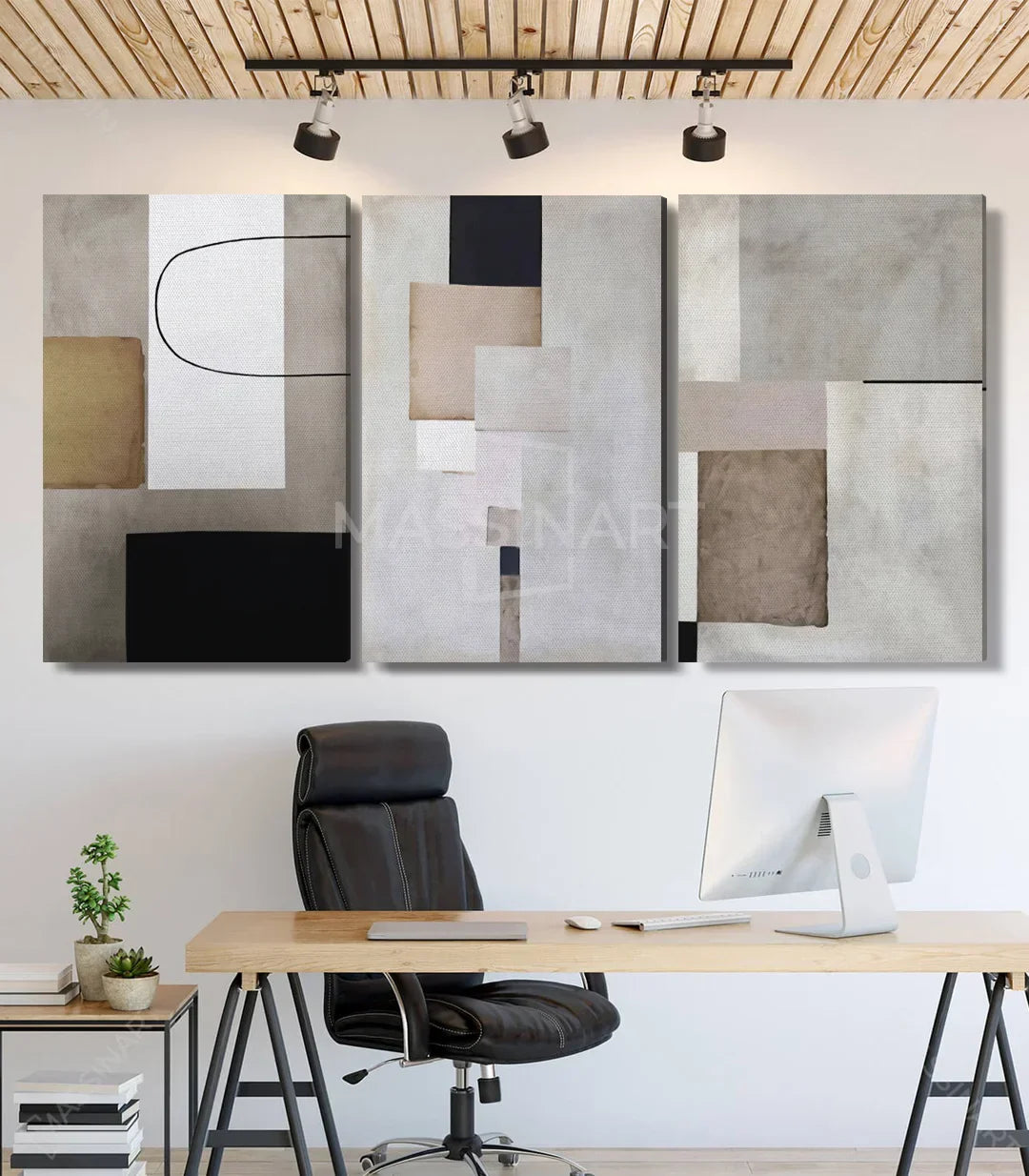 Cuadro Quietud tríptico abstracto — armonía de tonos neutros sobre pared blanca | Massinart
