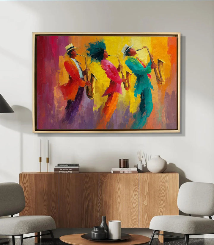Cuadro Jam en salón moderno sobre mueble, decoración mural jazz — Massinart