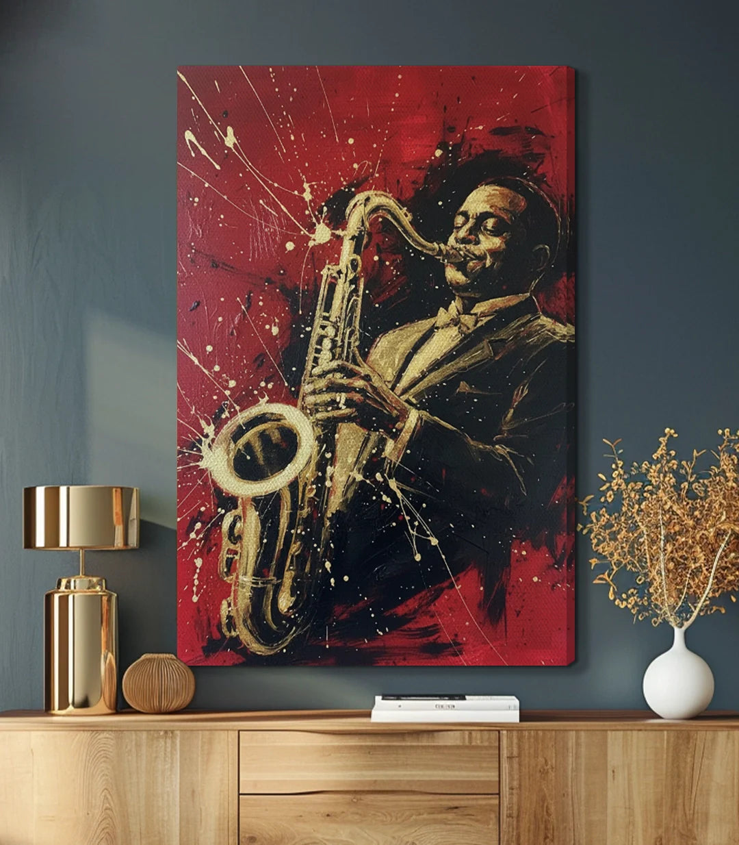 Lienzo expresionista de jazz en salón contemporáneo — Massinart
