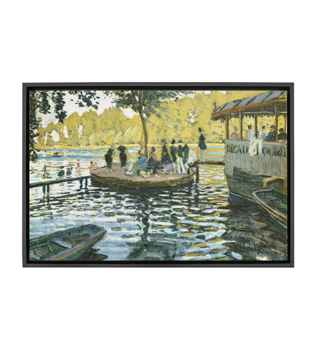 Cuadro La Grenouillère de Monet — escena fluvial impresionista con bañistas, barcas y sauce, tonos azul amarillo verde, Massinart