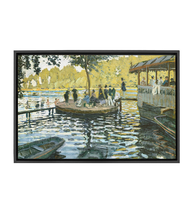 Cuadro La Grenouillère de Monet — escena fluvial impresionista con bañistas, barcas y sauce, tonos azul amarillo verde, Massinart