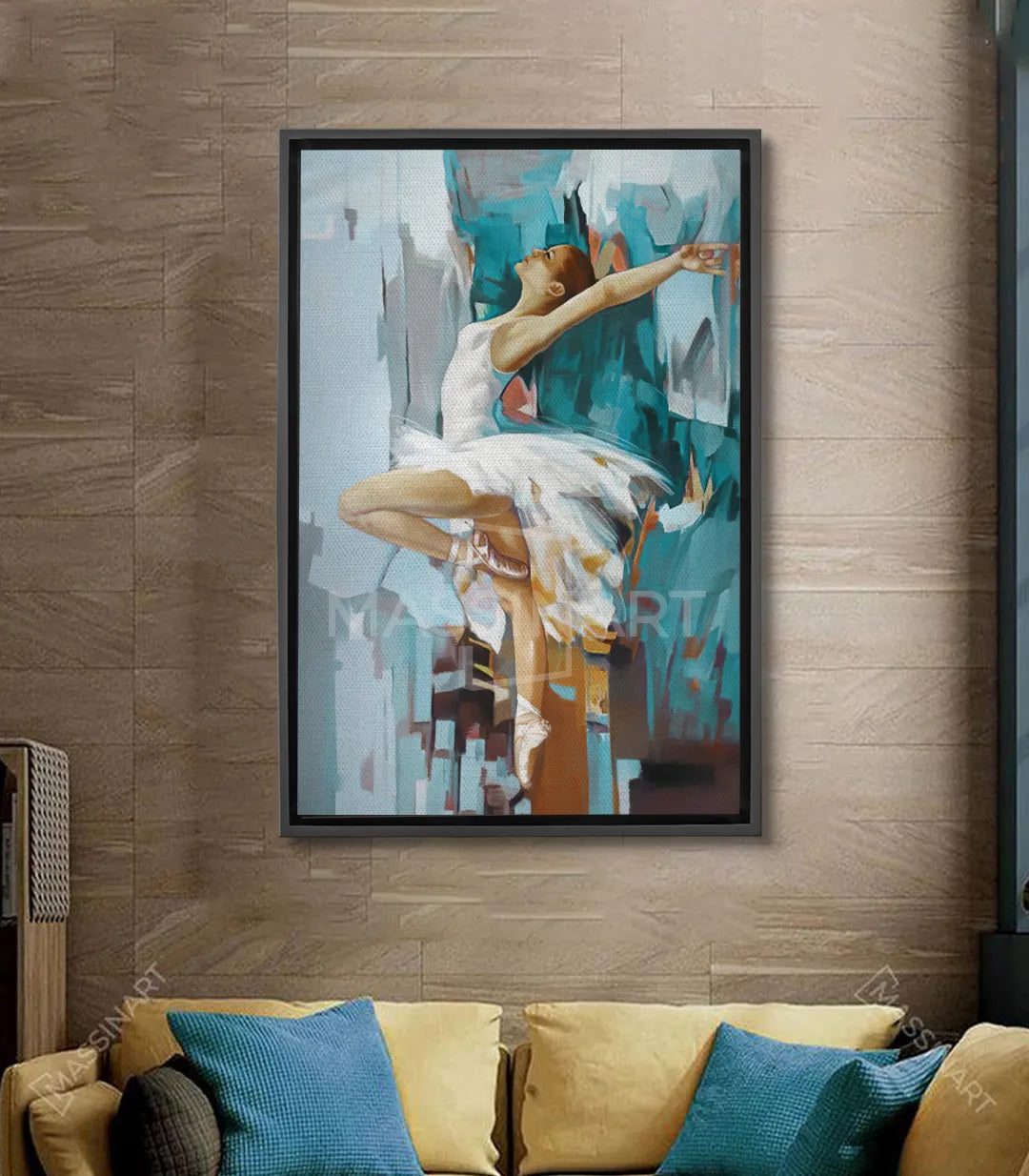Cuadro abstracto de bailarina en tonos turquesa y azul eléctrico, formas fluidas — Massinart