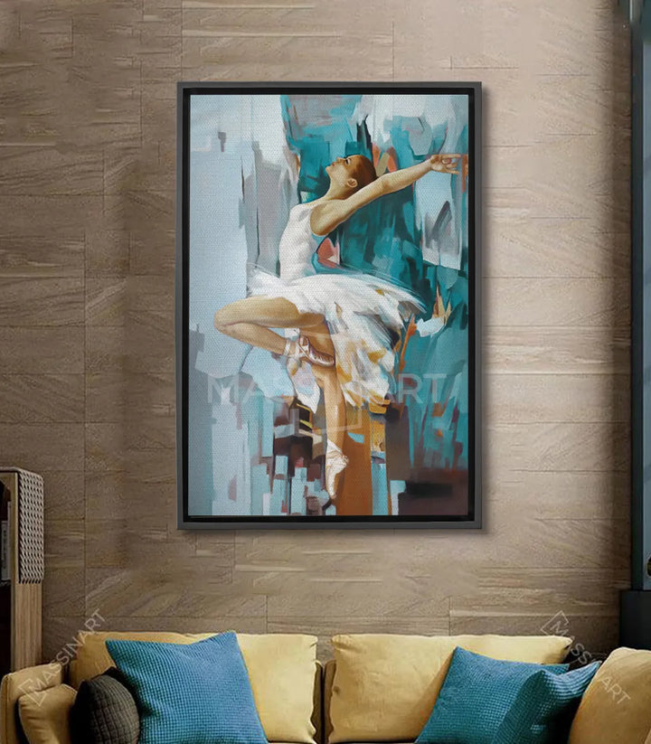 Cuadro abstracto de bailarina en tonos turquesa y azul eléctrico, formas fluidas — Massinart