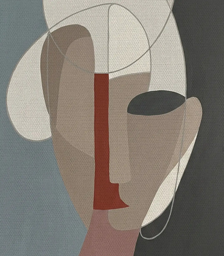 Cuadro díptico retrato femenino geométrico sobre pared de salón contemporáneo