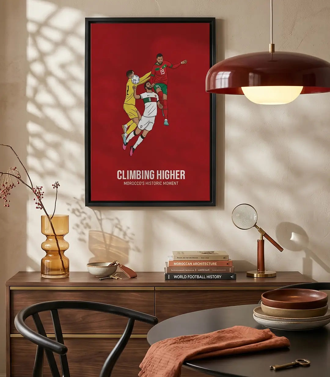 Cuadro minimalista fútbol marroquí con el salto aéreo de Youssef En-Nesyri, fondo rojo vibrante, decoración deportiva moderna