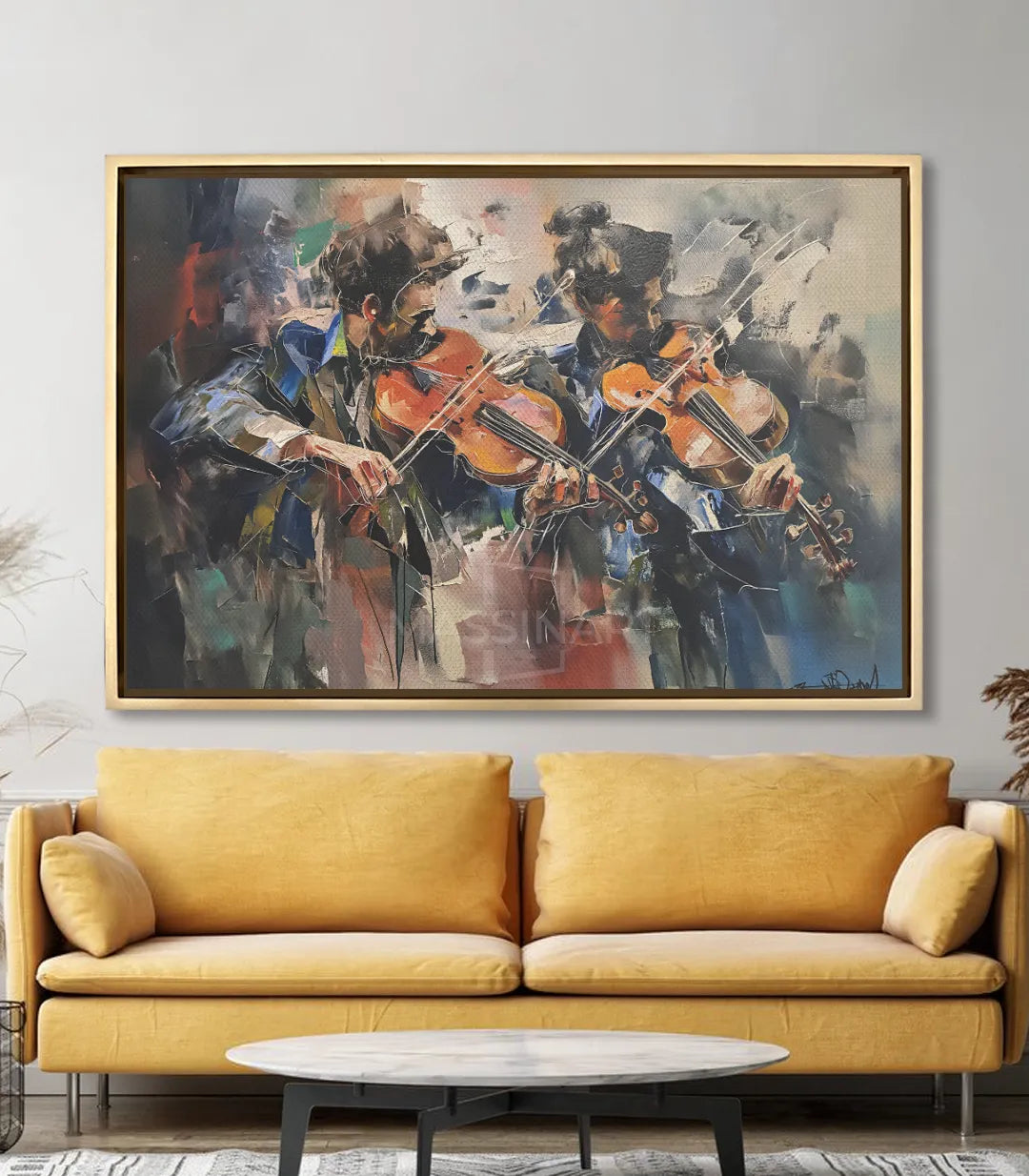Cuadro Violinistas en salón moderno amarillo — decoración pared Massinart