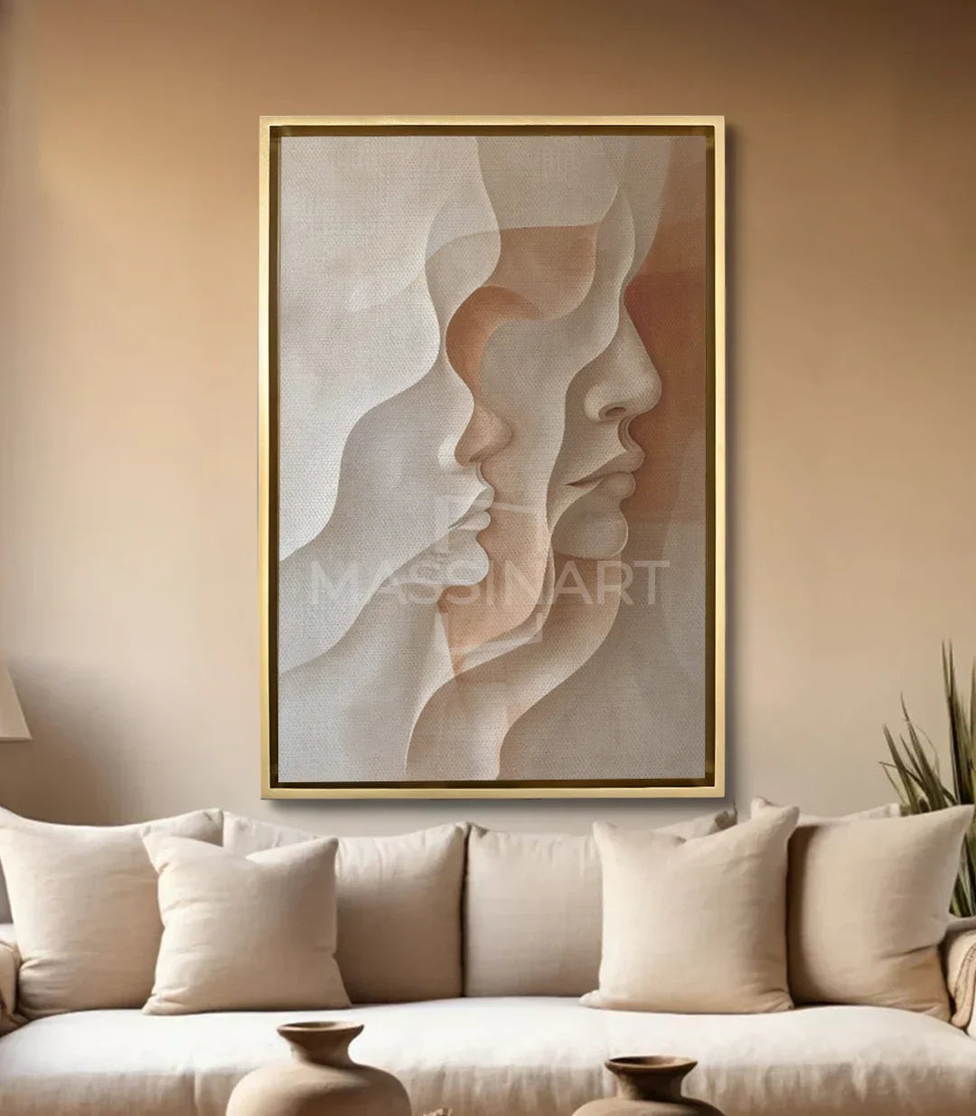 Cuadro Duo en salón moderno — decoración mural con perfiles abstractos en tonos neutros Massinart