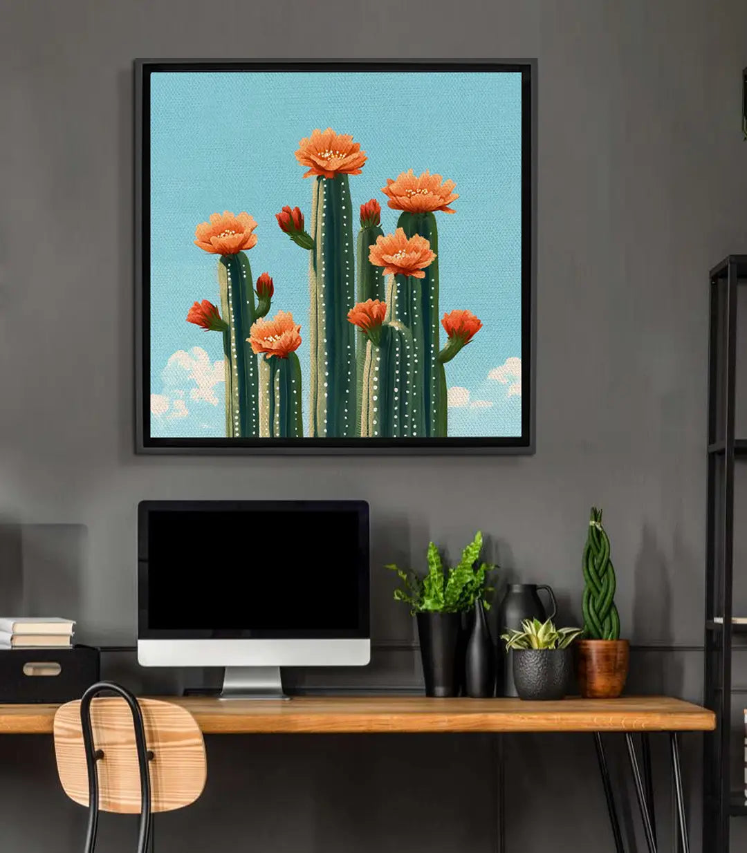Cuadro Floral Cactus Massinart — cactus con flores naranja sobre fondo azul profundo