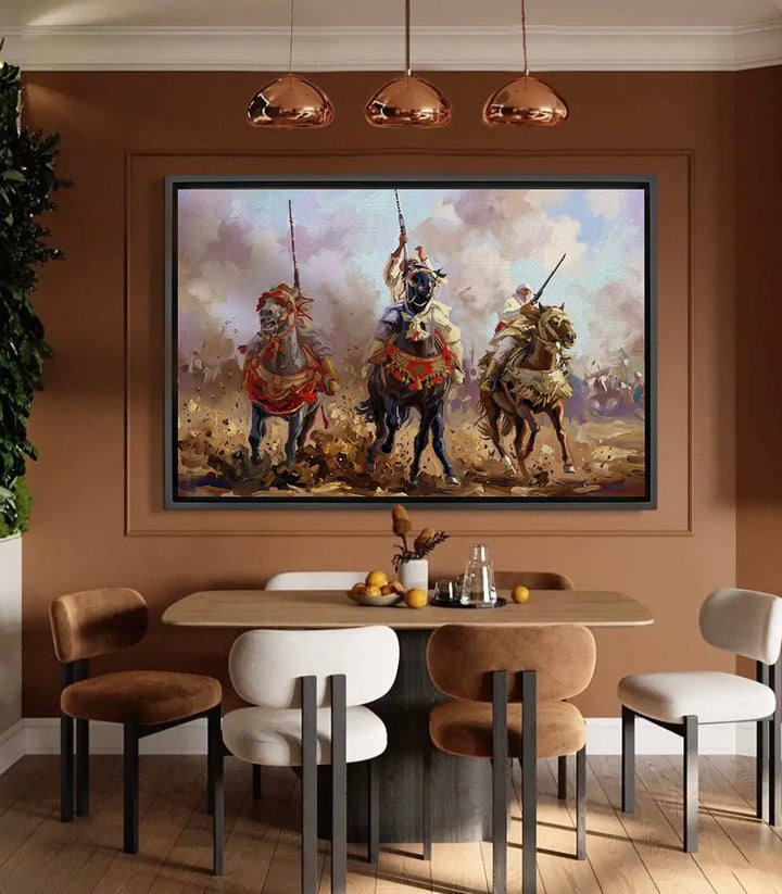 Cuadro Baroud jinetes guerreros a caballo en batalla épica, estilo expresionista orientalista — Massinart