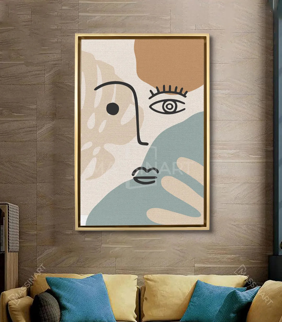 Cuadro retrato lineal abstracto sobre el sofá en salón moderno — Massinart