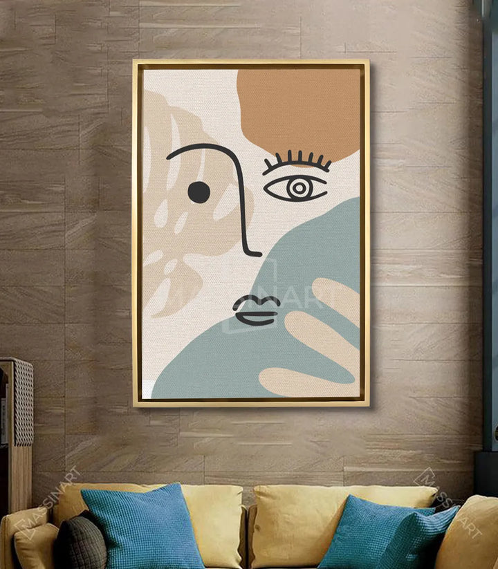 Cuadro retrato lineal abstracto sobre el sofá en salón moderno — Massinart