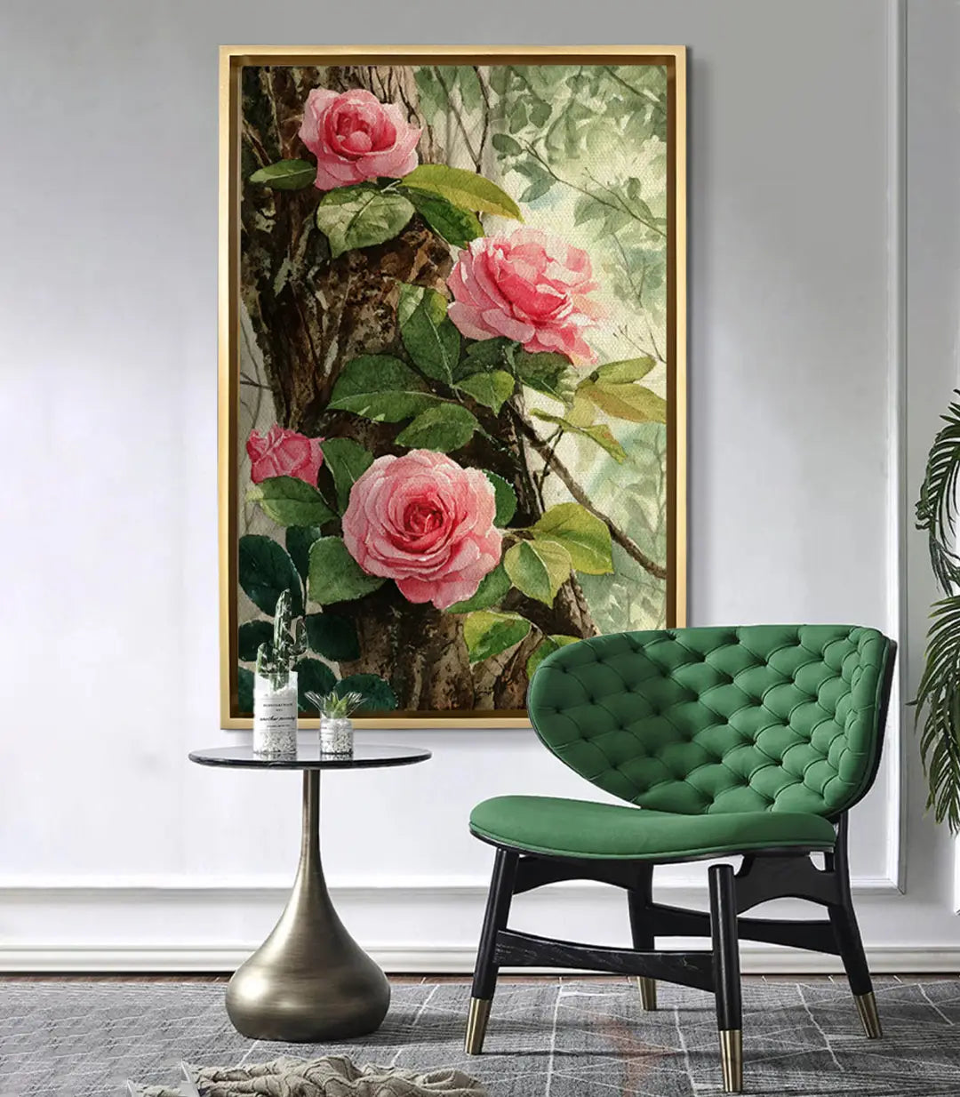 Cuadro floral Rosy Branch Massinart en salón moderno — rama de rosas sobre pared clara