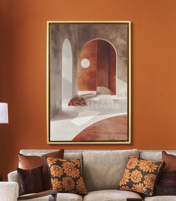 Cuadro Arch Massinart — ambientación en salón moderno con pared terracota