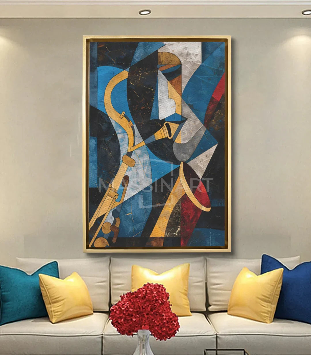 Cuadro Saxo en salón moderno con sofá blanco y cojín amarillo, Massinart