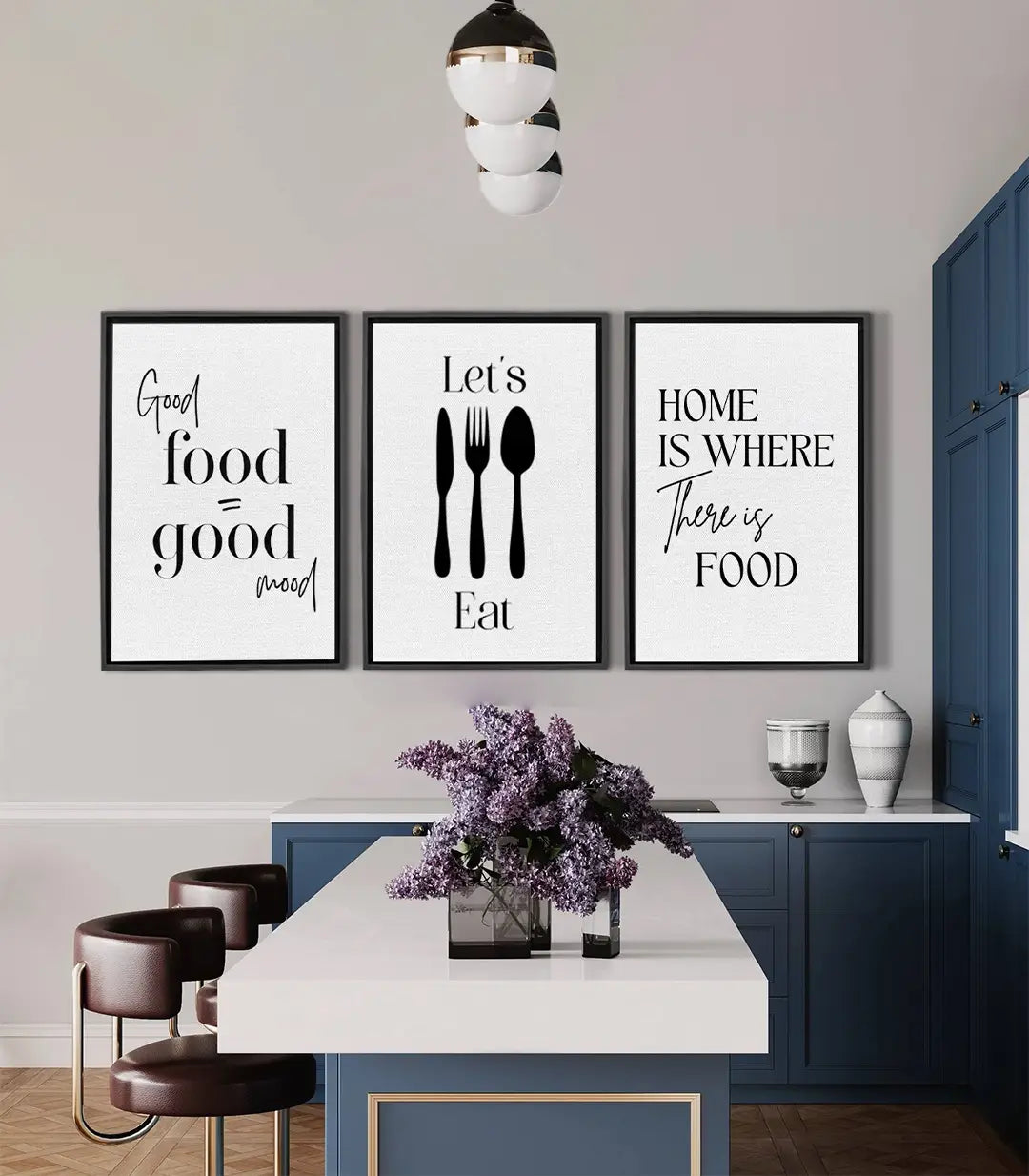 Cuadro Bon Appétit tríptico tipografía blanco y negro Massinart