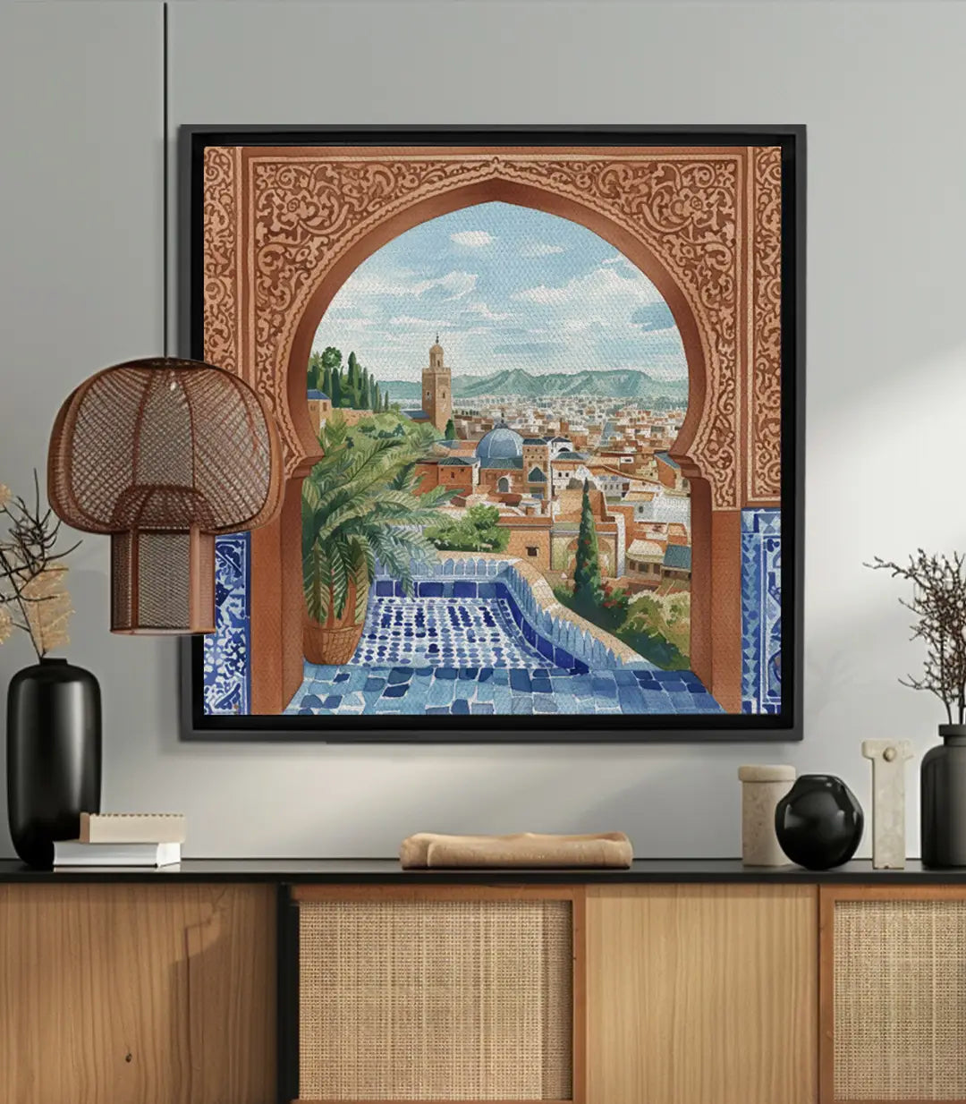 Cuadro vista medina marroquí con arco ornamental, arquitectura detallada — Massinart