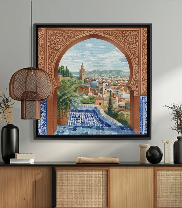 Cuadro vista medina marroquí con arco ornamental, arquitectura detallada — Massinart