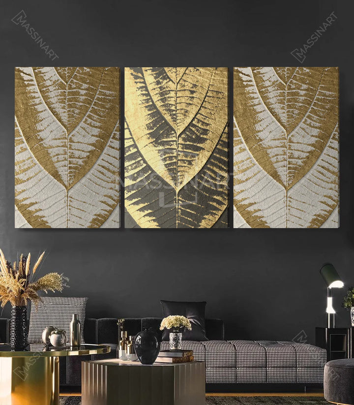 Cuadro Golden Leaves tríptico — tríptico dorado para decoración dormitorio u hotel Massinart