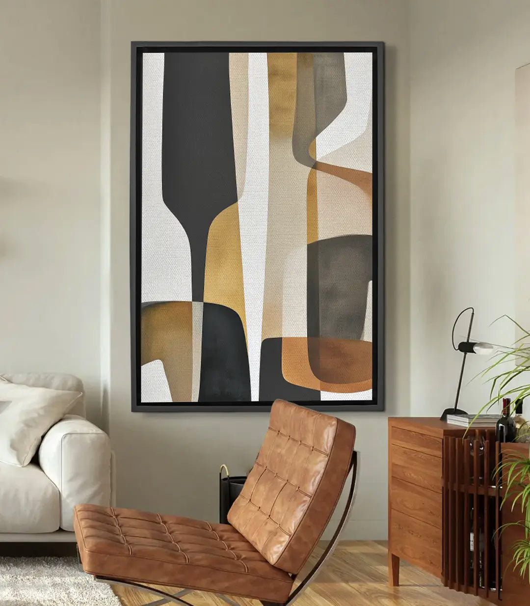 Cuadro Formless abstracto — formas geométricas en beige, topo y blanco, arte mural Massinart