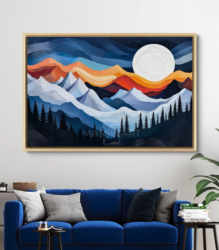 Cuadro Moonlit Peaks en salón con decoración interior moderna Massinart