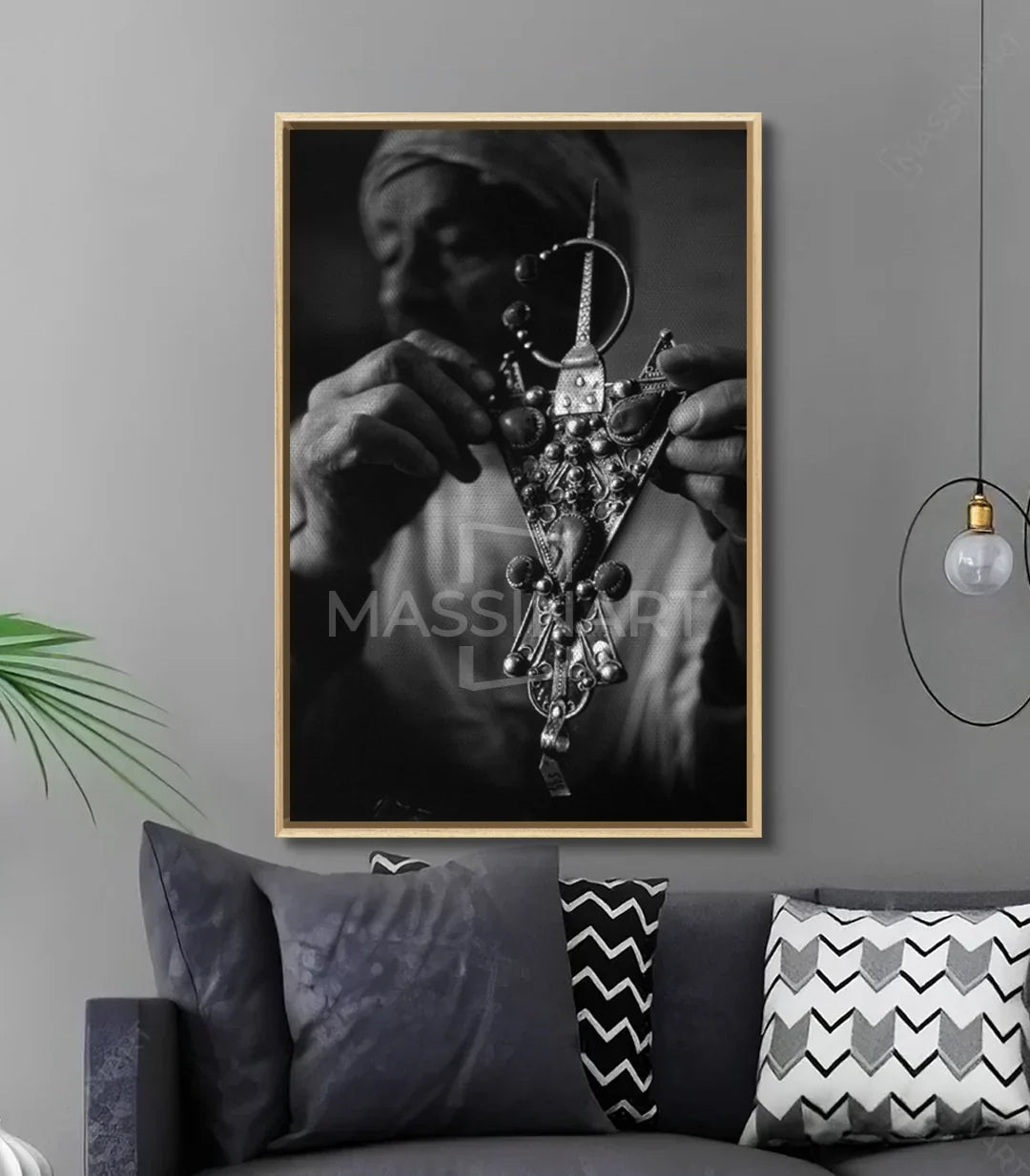 Cuadro Berber Mark en salón moderno — decoración mural con fotografía bereber en blanco y negro, Massinart