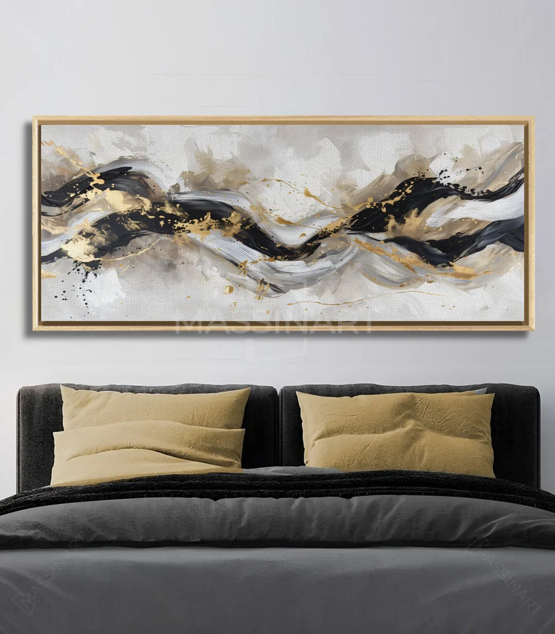 Cuadro abstracto Surge panorámico — detalle texturas oro y negro